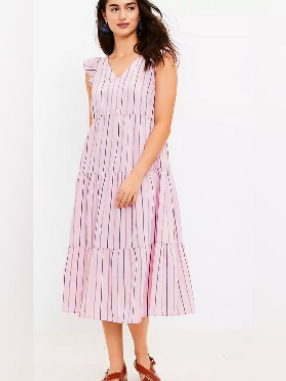 LOFT Ann Taylor Striped Flutter Sleeve V-Neck Midi Dress-NWT XS Petite